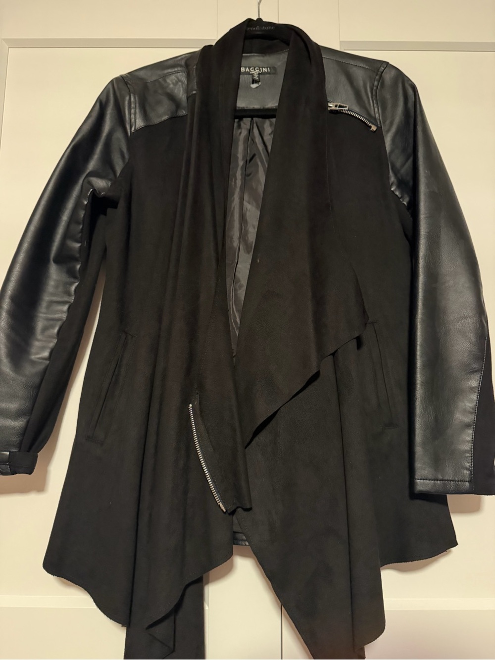 Baccini Black Draped Jacket with Faux-Leather Sleeves & suede